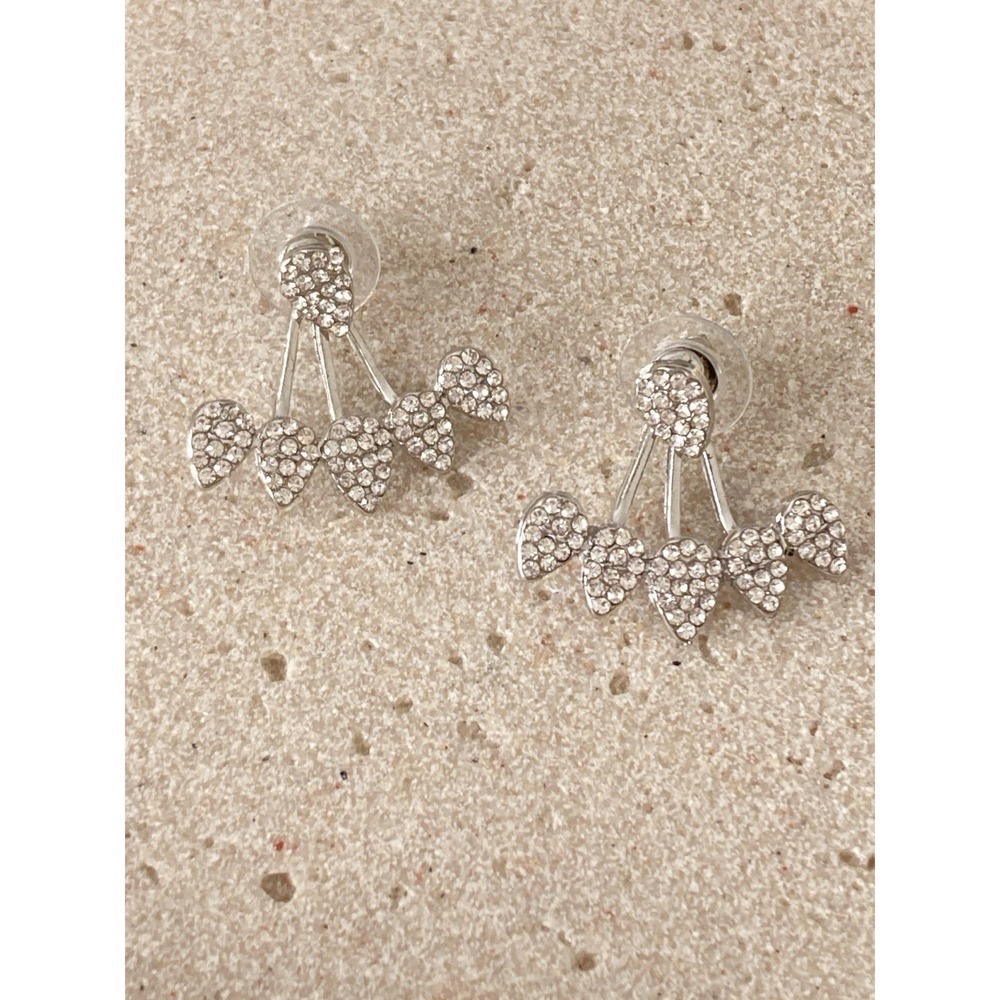 Silver Tone Rhinestone Heart Ear‎ Jacket Earrings Front Back Studs Romantic